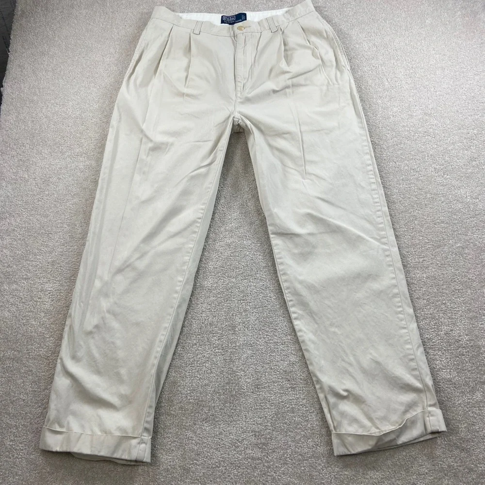 Polo Ralph Lauren Hammond Pant Men 33x30 Tan Beige Pleated Cuffed Chinos
